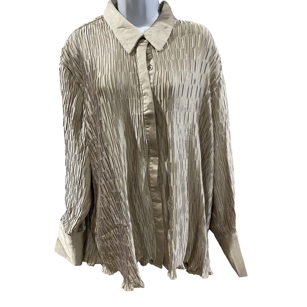 PLT Oversized plisse texture pleated crinkled blouse womens size US 4 Oatmeal
